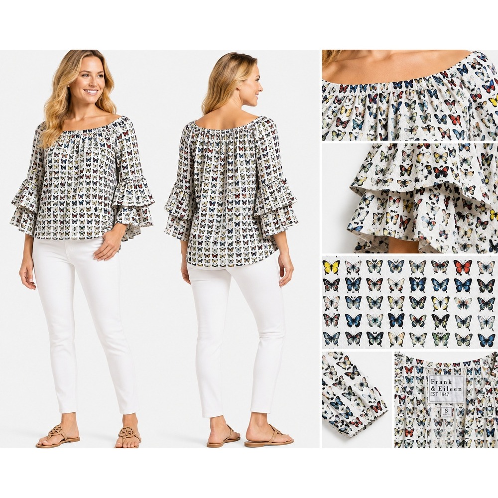 Alberto Makali Blouse Women XS White Butterfly Off Shoulder Tiered Bell Sleeve